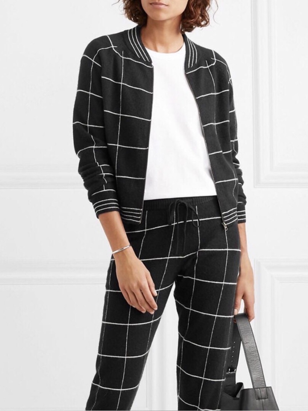 Madeleine Thompson Jedha 100% Cashmere Zip Bomber Sweater Windowpane Check
